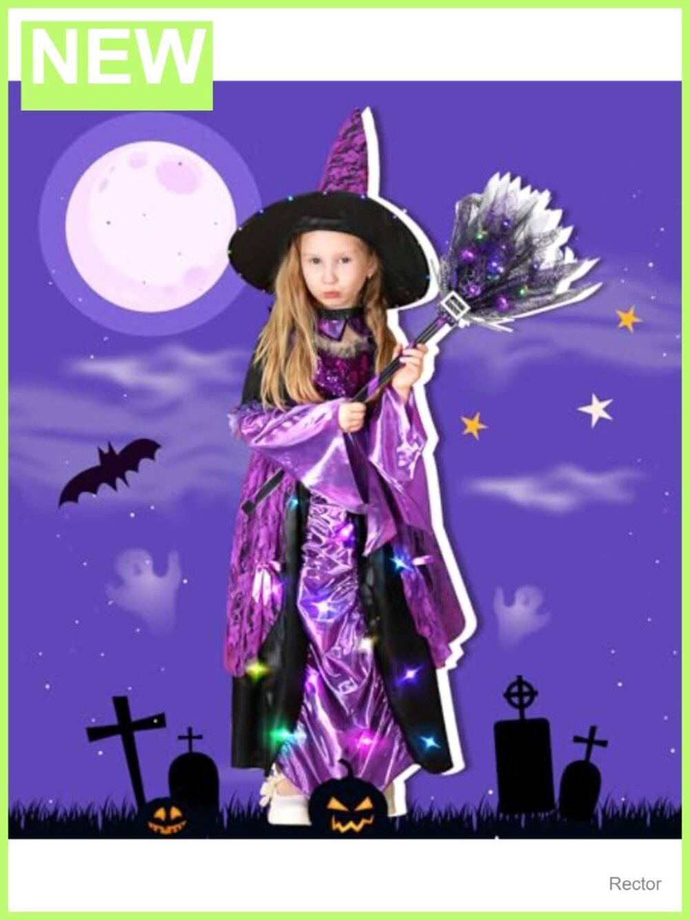 Girls Witch Costume Light Up Dress Hat Broomstick Halloween - Picture 3 of 6